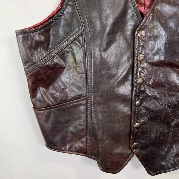 The Leather Ranch  Motorbike Western Button Brown Leather Vest - Picture 5 of 14